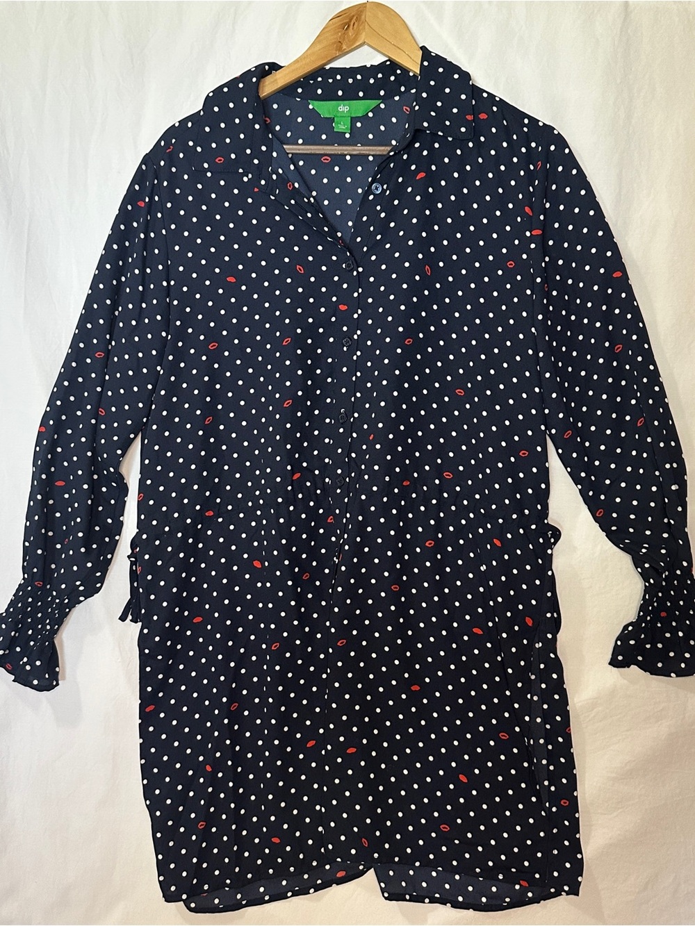 dip Navy Polka Dot Shirt Dress with White and Red Dots